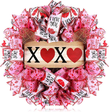 Valentine Wreaths 16 Inch Valentine's Day Wreath for Front Door Heart XOXO Pink Ribbon Mesh Decorations for Wall