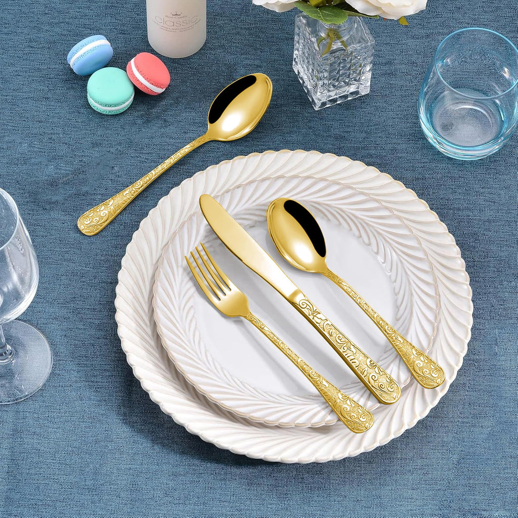 Vintage Carved Gold Stainless Steel 20-Piece Flatware Set