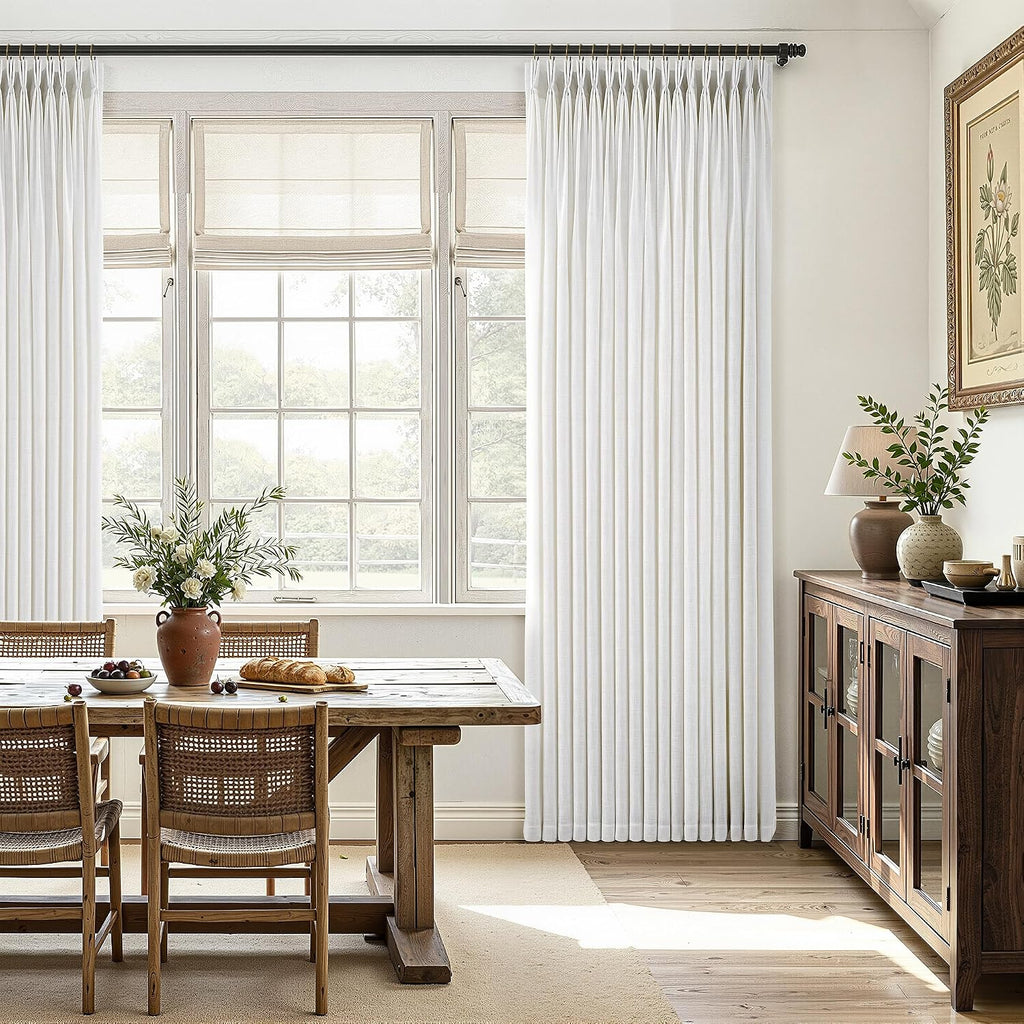 Triple Pinch Pleated Curtains for Living Room 90 Inch Linen Curtains 2 Panels Set Natural Cream Light Filtering Semi