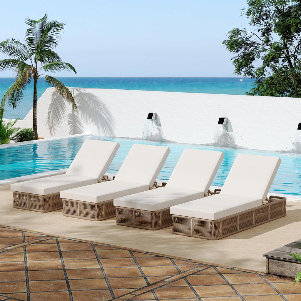 Set of 4 76.75"L Woven Rope Patio Chair Sun Lounge Recliner Chair with 5-Position Adjustable Backrest, Outdoor Metal