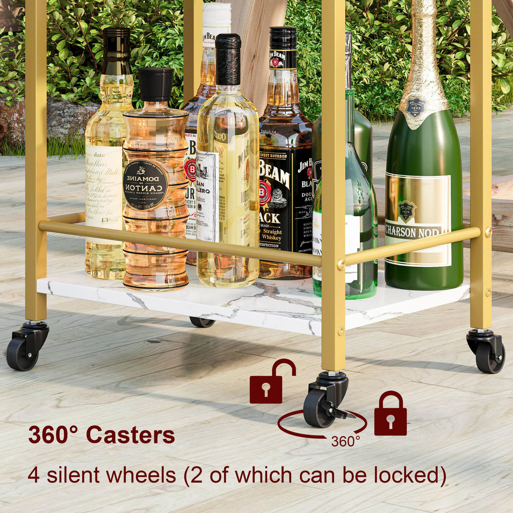 3-Tier Gold Bar Cart with Removable Tray, Small Bar Carts with Wheels, Rolling Beverage Cart, Drink Cart, Gold Wine