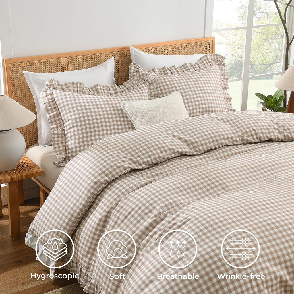 Tan Gingham Duvet Cover, Ruffle Shabby Chic Bedding Set 3 Pcs