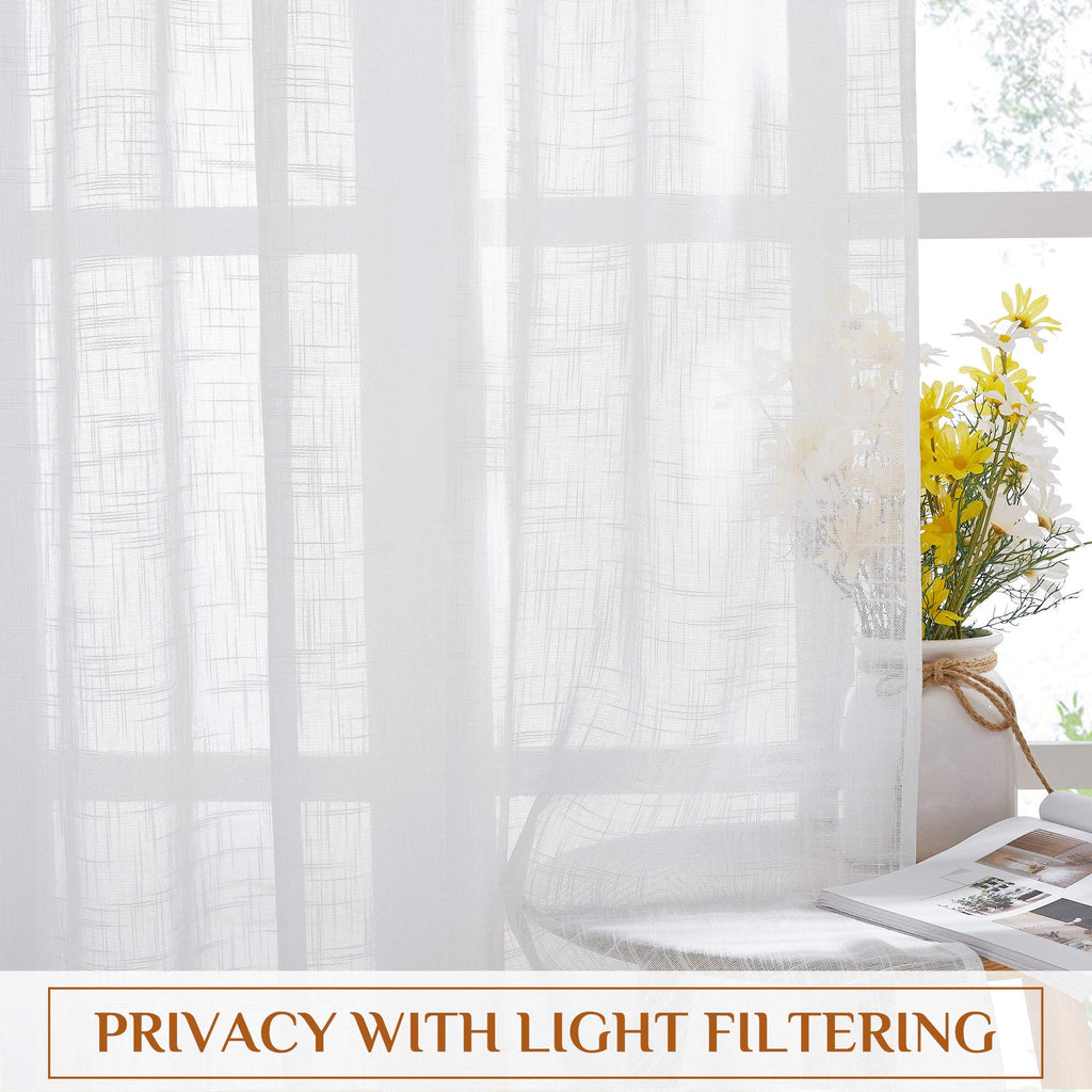 White Sheer 108 inch Curtains, Rod Pocket & Back Tab Semi Linen Sheer Window Treatment Privacy Drapes /Bedroom, 104"