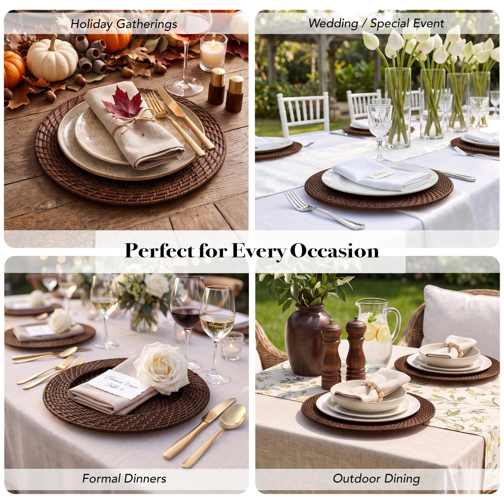 Rattan Charger Plates Hand Woven Round Brown, 13" - 8 Set