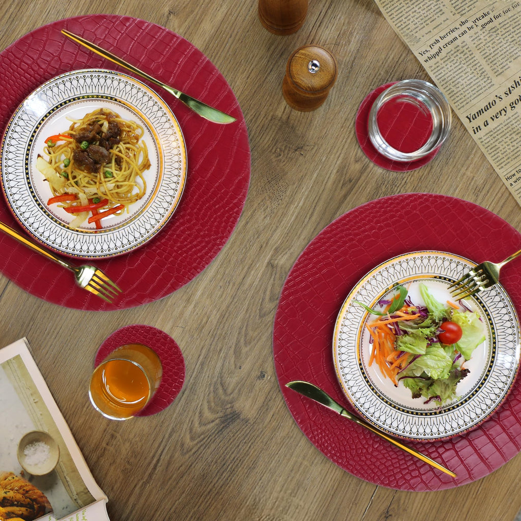Round Leather Placemats for Round Tables Set of 8, Red Place Mats and Coasters, Wipeable Waterproof Heat Resistant