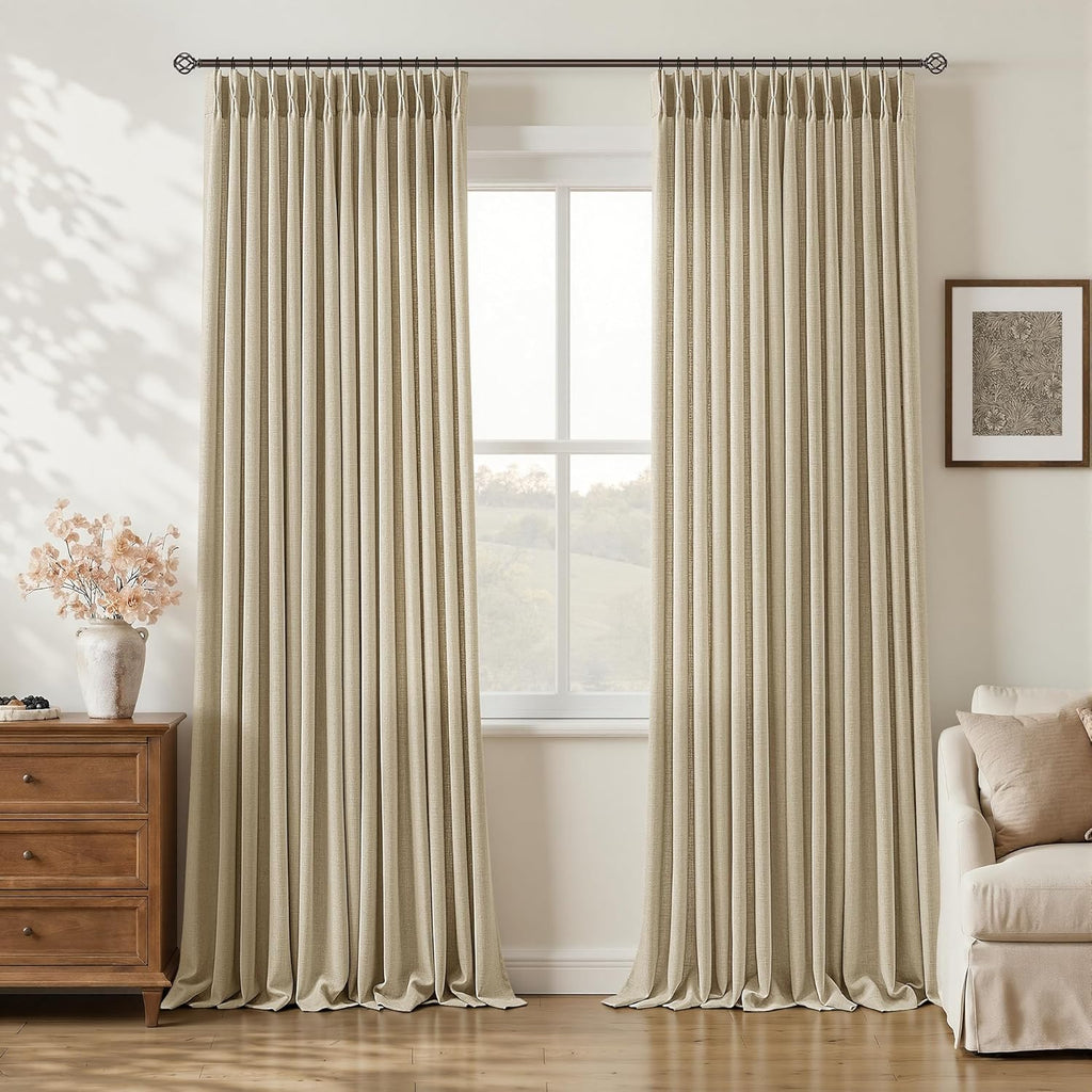 96 Inch Pinch Pleated Linen Oatmeal Curtains Sand Beige Cottage Light Filter Sheer Burlap Textured Pinch Pleat Drapes