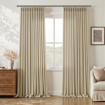 96 Inch Pinch Pleated Linen Oatmeal Curtains Sand Beige Cottage Light Filter Sheer Burlap Textured Pinch Pleat Drapes