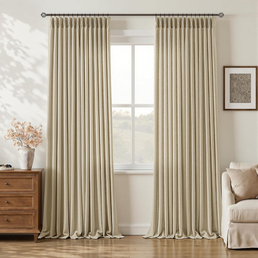 96 Inch Pinch Pleated Linen Oatmeal Curtains Sand Beige Cottage Light Filter Sheer Burlap Textured Pinch Pleat Drapes