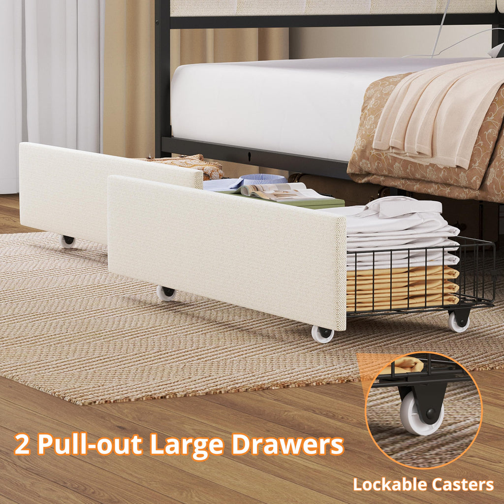 Twin Daybed with 2 Storage Drawers, Corner Bed Frame with LED and Charging Station, Metal Platform Daybed Frame and