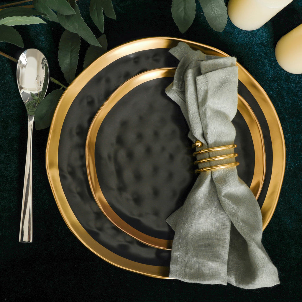 Lain Florian Modern Porcelain 16 Piece Dinnerware Set, Plates and Bowls Set, Dish set for 4, Black And Golden Rim
