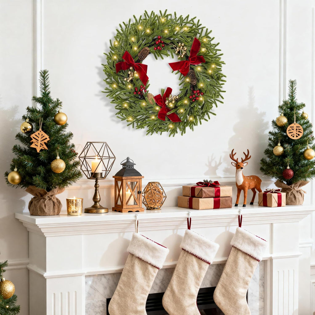 24" Pre-Lit Christmas Wreath for Front Door with 100LED Lights, Set of 2