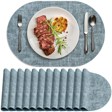 Faux Leather Oval Placemats Set of 12, Light Blue