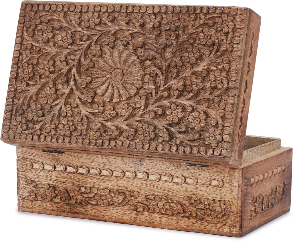 Wooden Jewelry Box Flower Carved Decorative Chest Storage 10 Inch