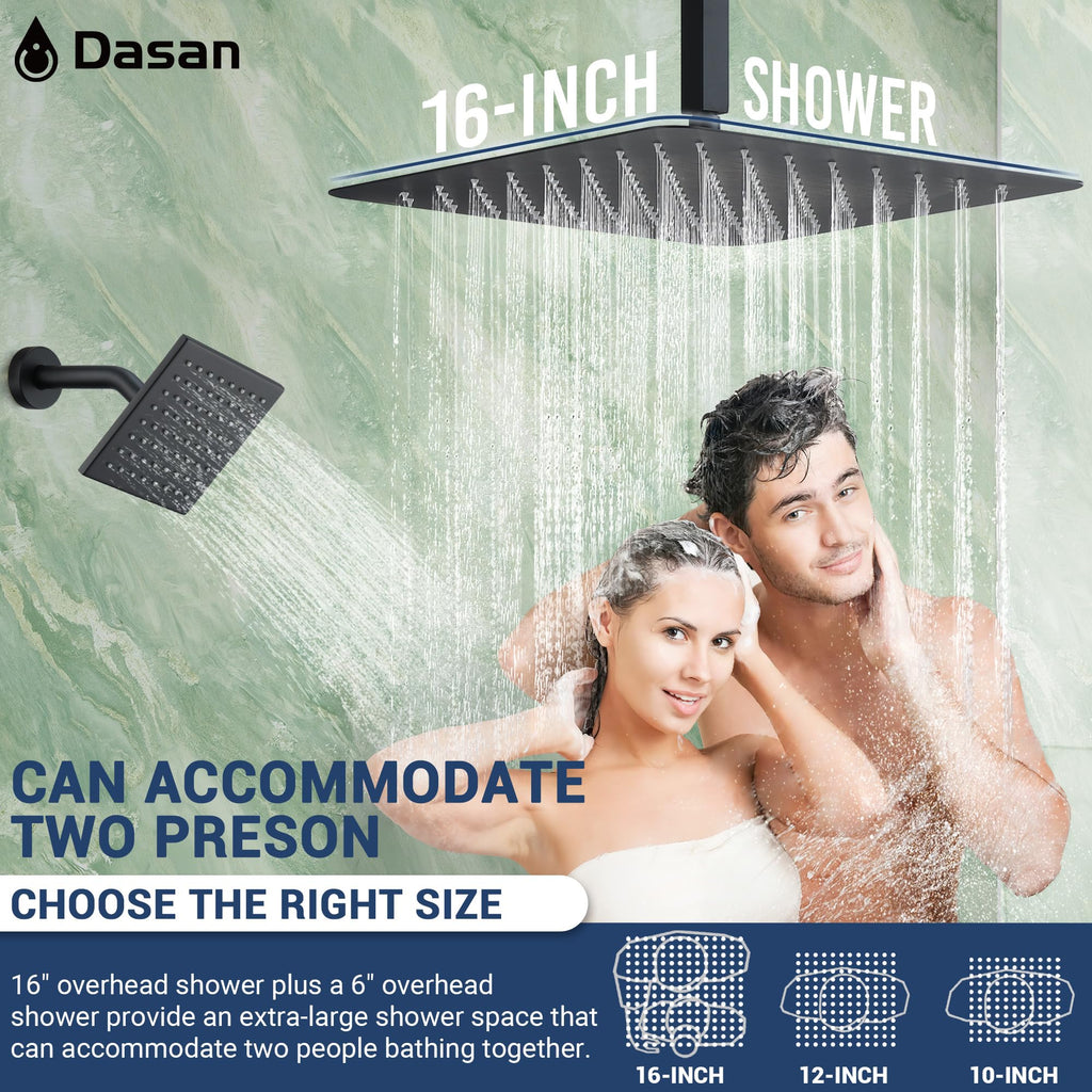 Thermostatic Dual Shower Head System with 6 Body Jets, 6-Inch Shower Head & 16" Rainfall Shower, Luxury Matte Black