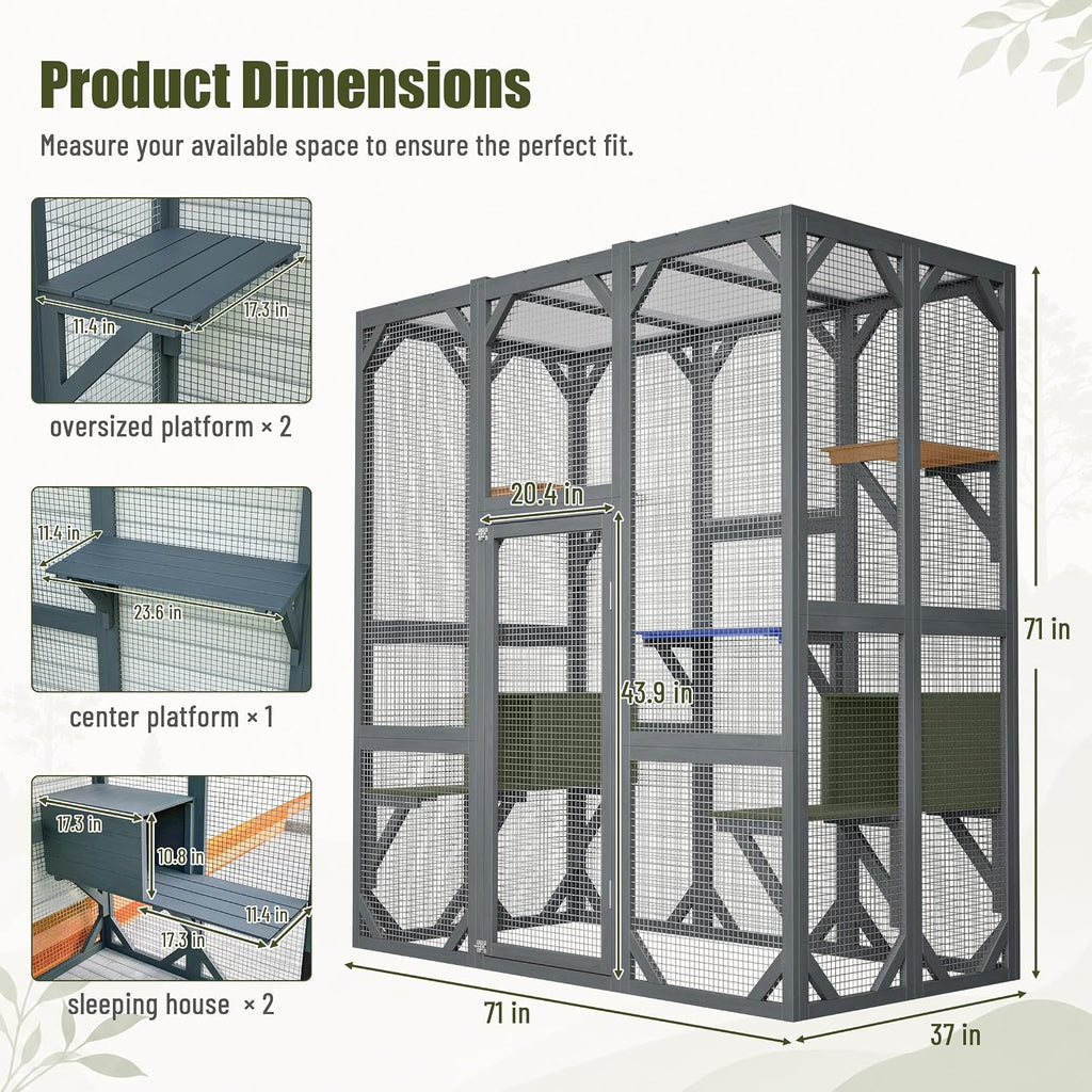 71" H Catio Outdoor Cat Enclosure Large Walk in Wooden Outdoor Catio Grey