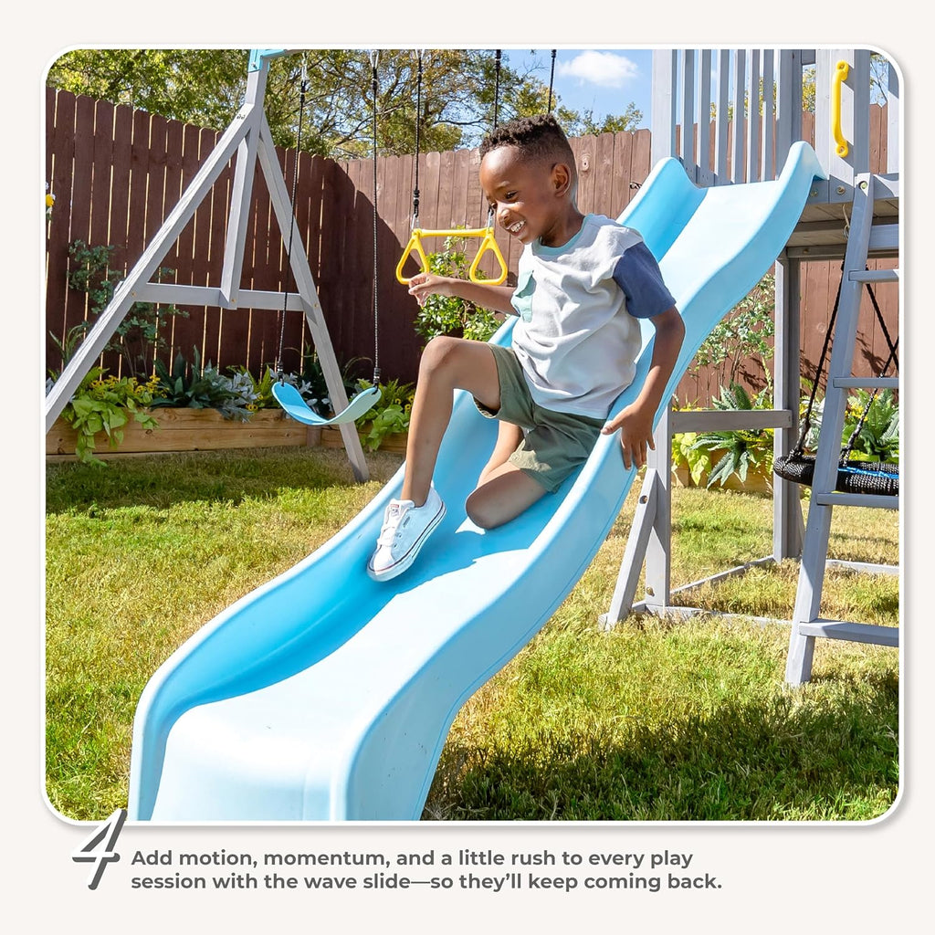 Kids Laguna Outdoor Wooden Swing Set, Gray & Aqua | Slide, Rock Climbing Wall, Fireman Pole & Trapeze Bar, Ages 3-10