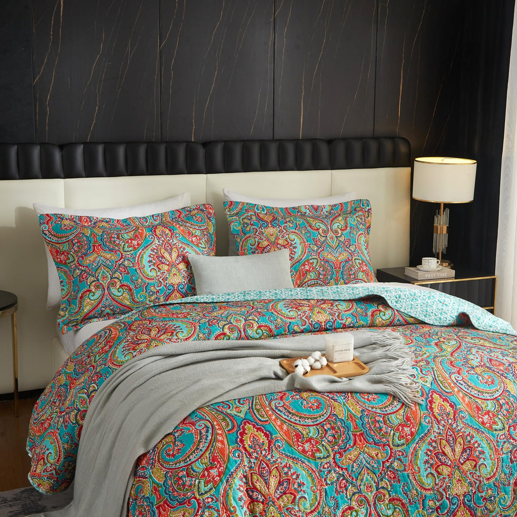 100% Cotton Boho Quilt Set King Size Vibrant Bohemian Paisley Bed Coverlet