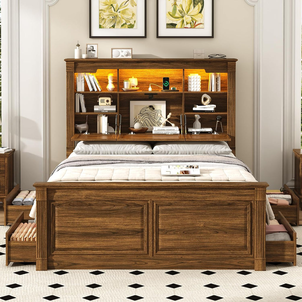 Farmhouse Queen Bed Frame with 55" Tall Storage Headboard & 4 Drawers, Wood Roman Column Platform Bed Frame with 24"