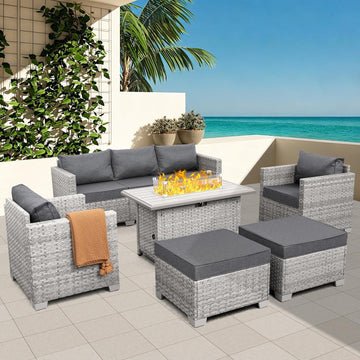 Patio Furniture Set 6 Piece PE Rattan Outdoor Conversation Sets Grey Wicker Couch Sectional Sofa with Fire Pit