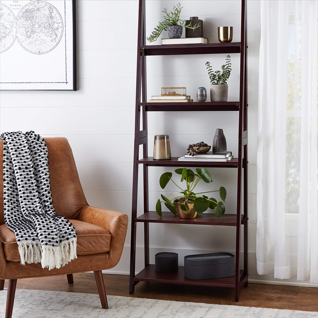 5-Tier Ladder Bookshelf Storage Organizer, Solid Rubberwood Frame, Space-Saving Bookcase, Sturdy Shelves, Walnut