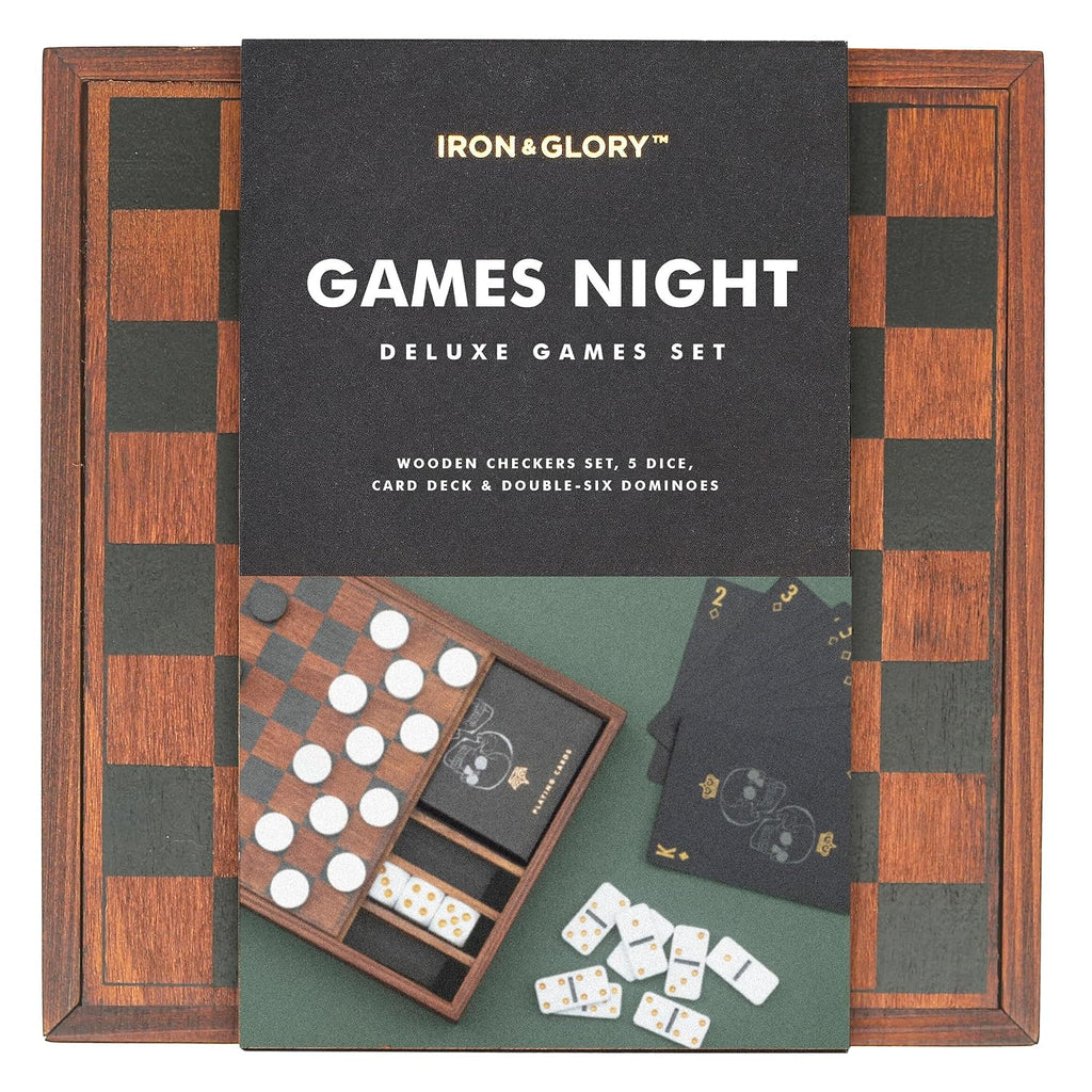 Iron & Glory Games Night | Wooden Games Compendium with Dice Set, Playing Cards, Dominoes Set & Checkers | 4 in 1