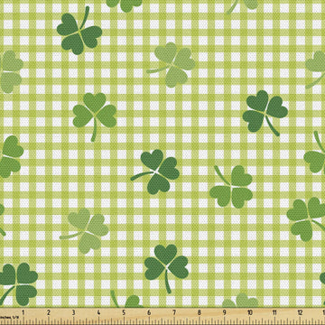 Irish Fabric by The Yard, Retro Classical Checkered Pattern with Green Shamrocks Clovers Garden Plants, Decorative