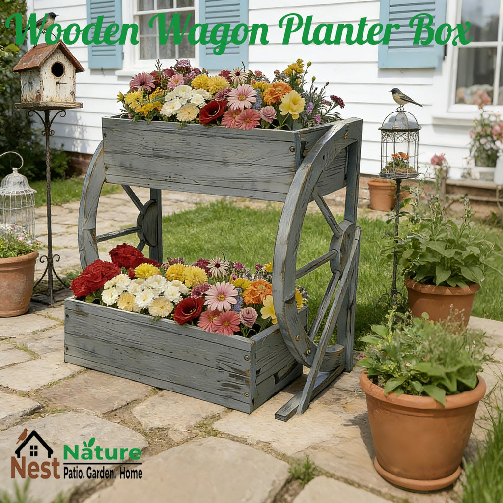 Wooden Wagon Planter Box|Rustic Planter Use On Indoor&Outdoor