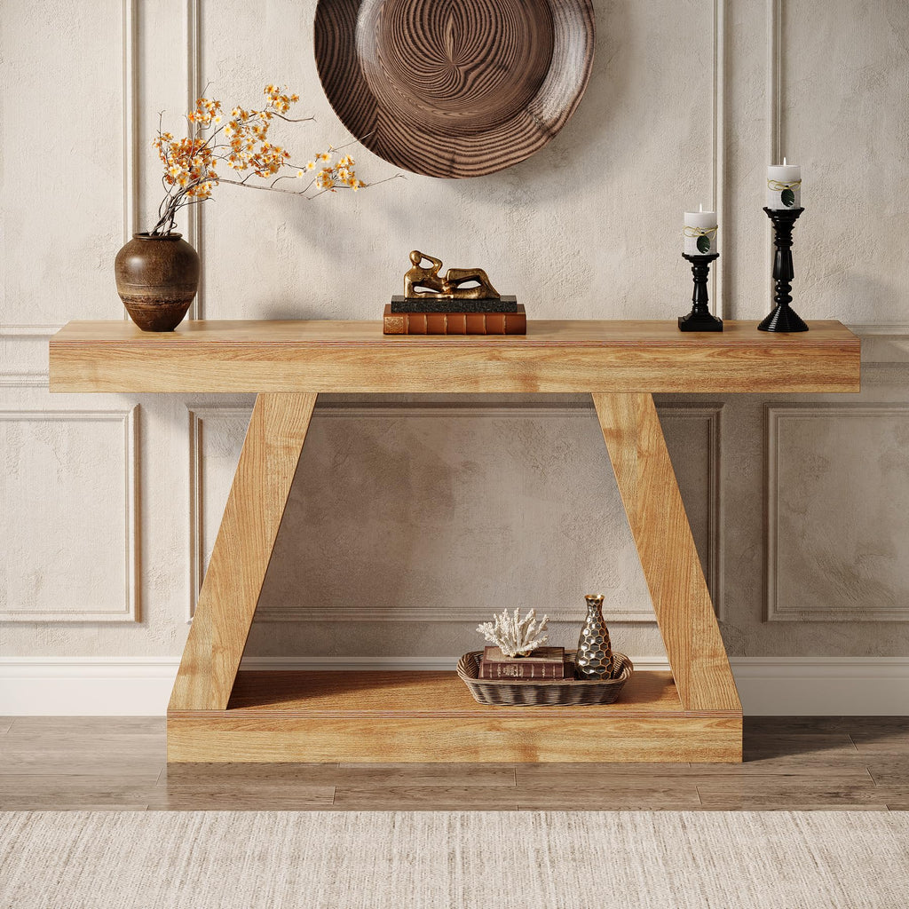 Farmhouse Console Table, 55-Inch Rustic Sofa Table with Storage, Industrial Wooden Entryway Table, Natural Brown