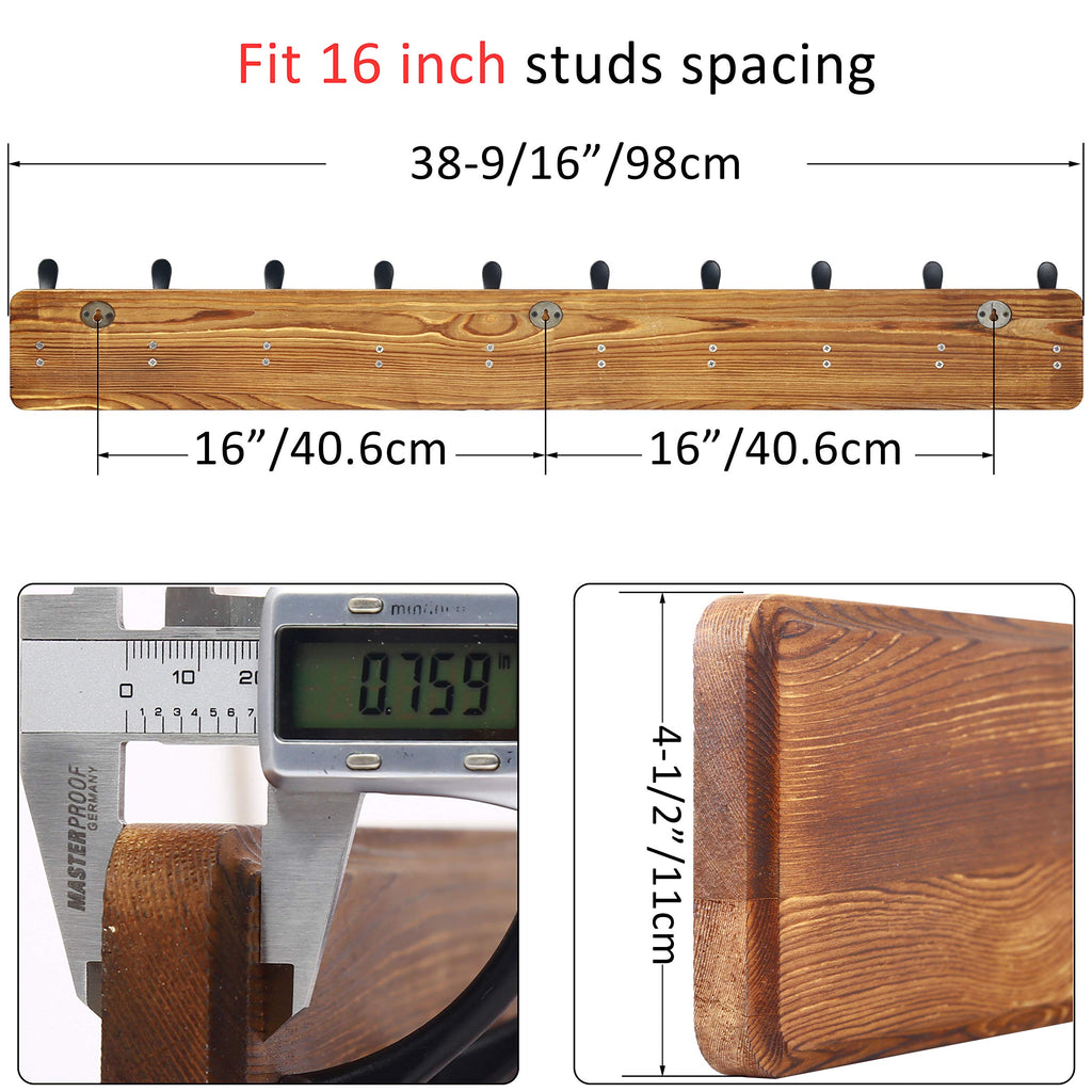 Coat Rack Wall Mount, 38 9/16" Long, 10 Hooks, Coat Hooks Wall Mounted, Coat Hanger Wall, Farmhouse Wood Hook Rack