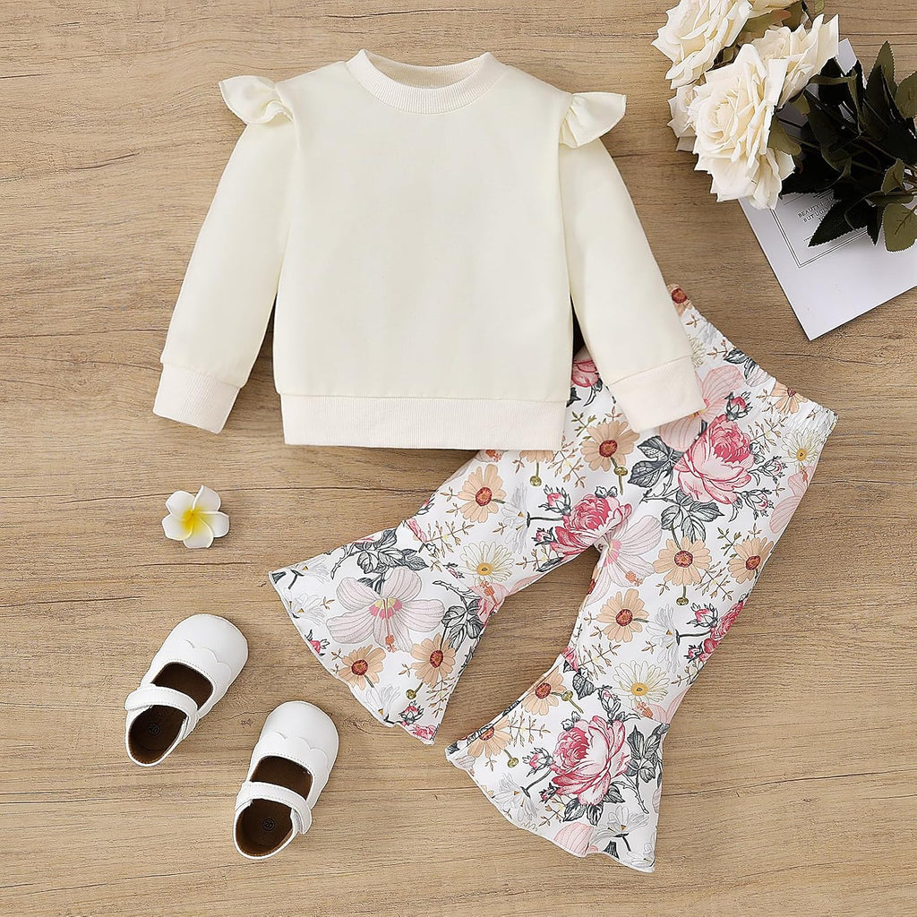 Toddler Baby Girl Fall Winter Clothes Ruffle Sleeve Sweatshirt Tops Floral Bell Bottom Pant Outfits