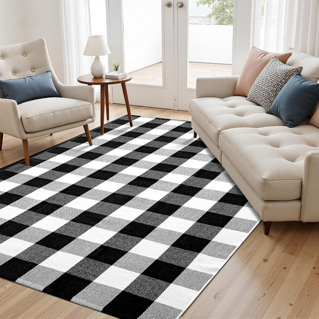 Buffalo Plaid Rug Black and White Checkered Area Rug Cotton Hand-Woven Indoor Outdoor Rugs Carpet