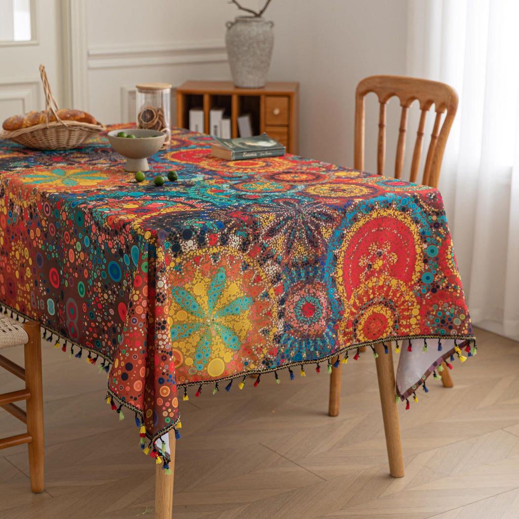 Boho Tablecloth for Square Tables, Fringed Edges with Geometric Pattern Tablecloths, Farmhouse Floral Table Cover Cloth