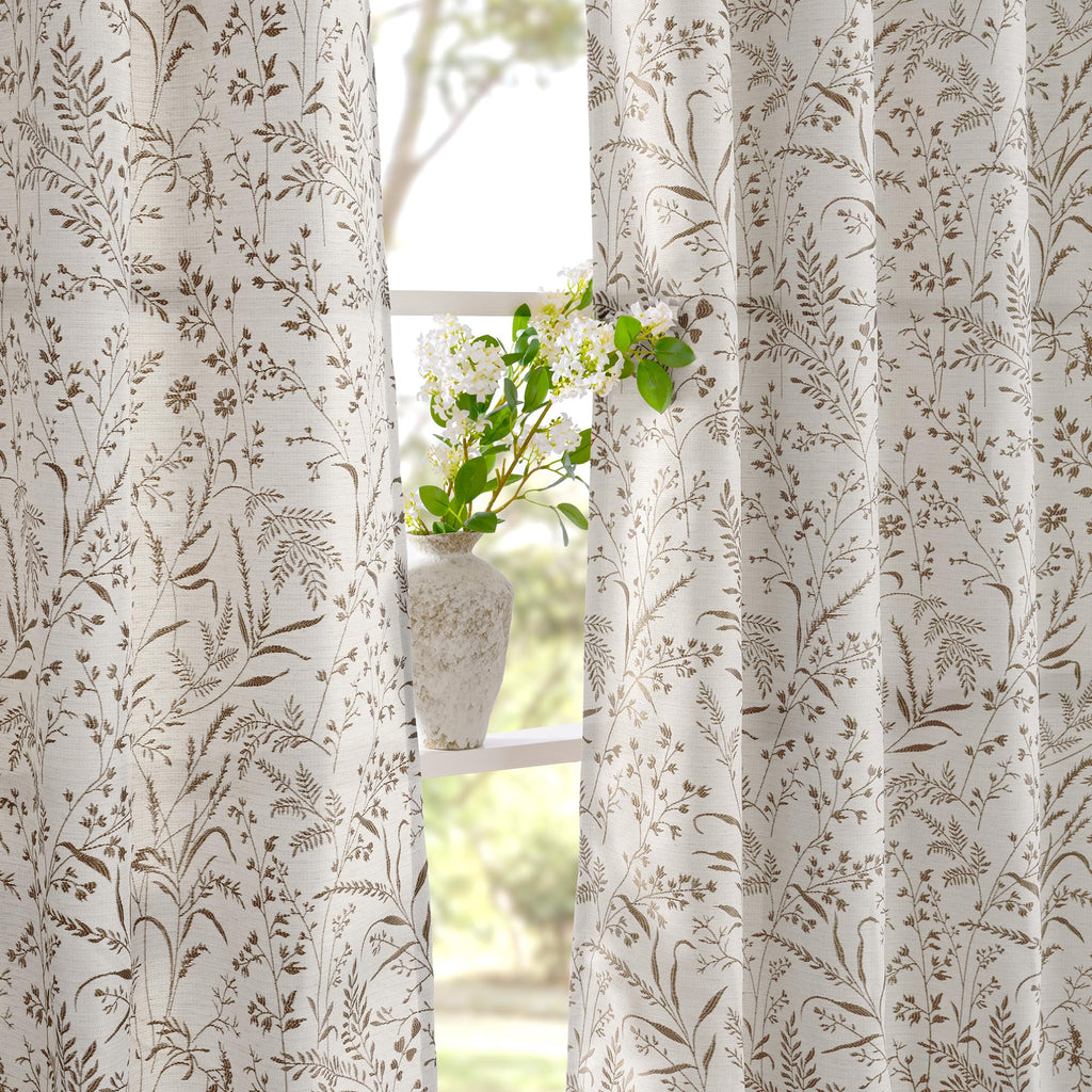 Brown Fall Curtains - Linen Jacquard Botanical Branch Vintage Cottage Core Light Filtering French Country Rustic