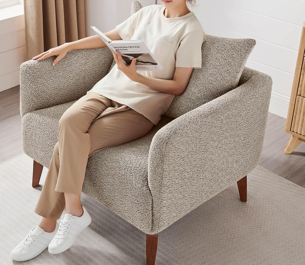 Oversized Accent Chair Modern Boucle Armchair - 37" Wide Accent Chair with Solid Wood Legs, Camel Upholstered Lounge