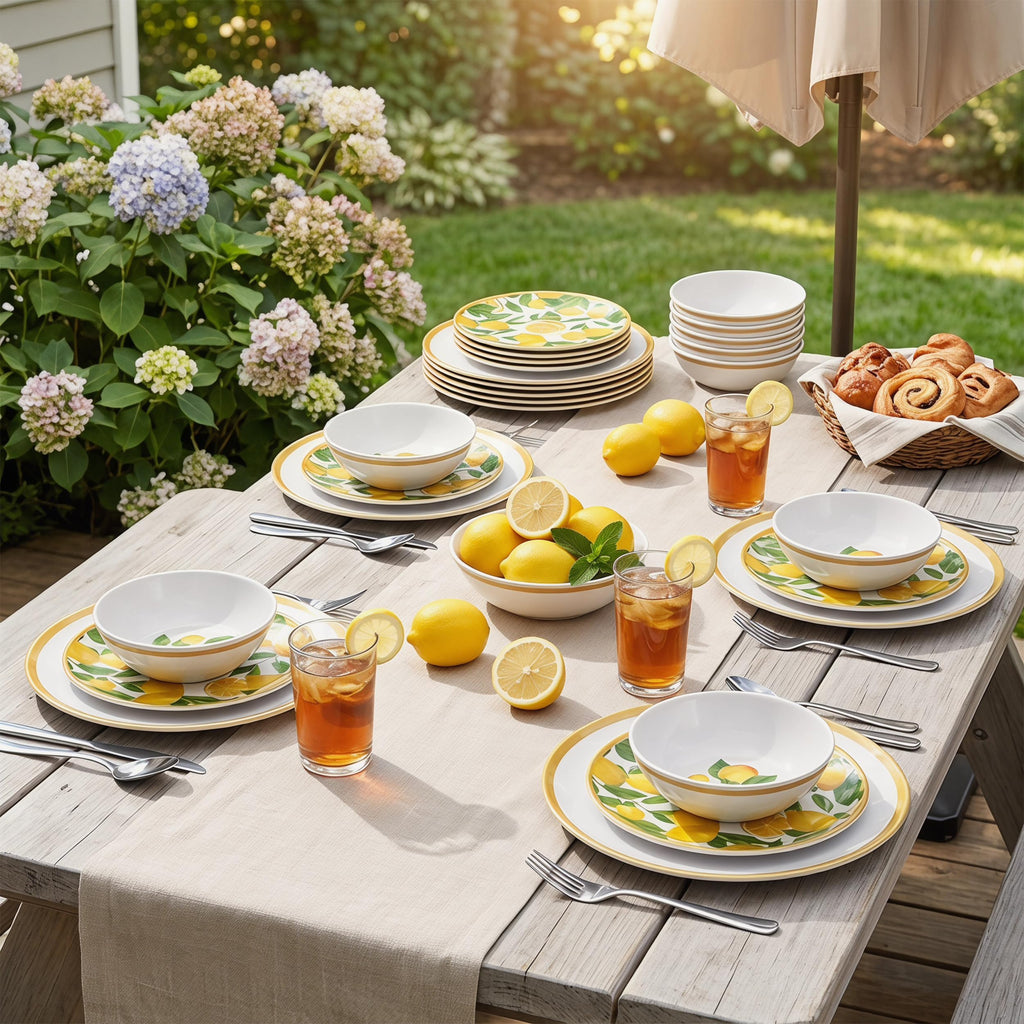 Melamine Dinnerware Sets- 12pcs Melamine Plates and Bowls Set for 4,Indoor and Outdoor Dinnerware, Lemon dinnerware
