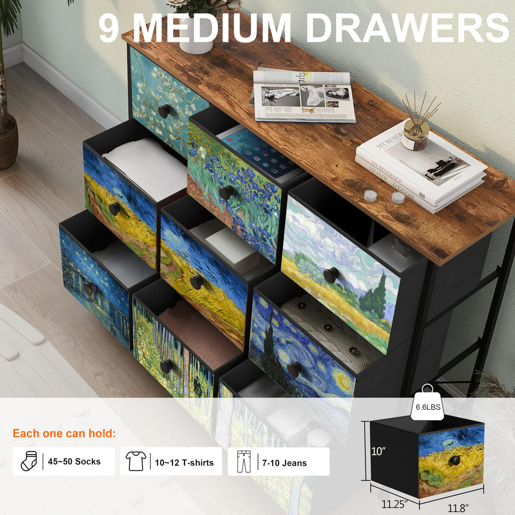 Van Gogh 9 Drawers Wide TV Stand Colorful Dressers & Chest of Drawers Enterway Furniture Living Room Hallway Closets