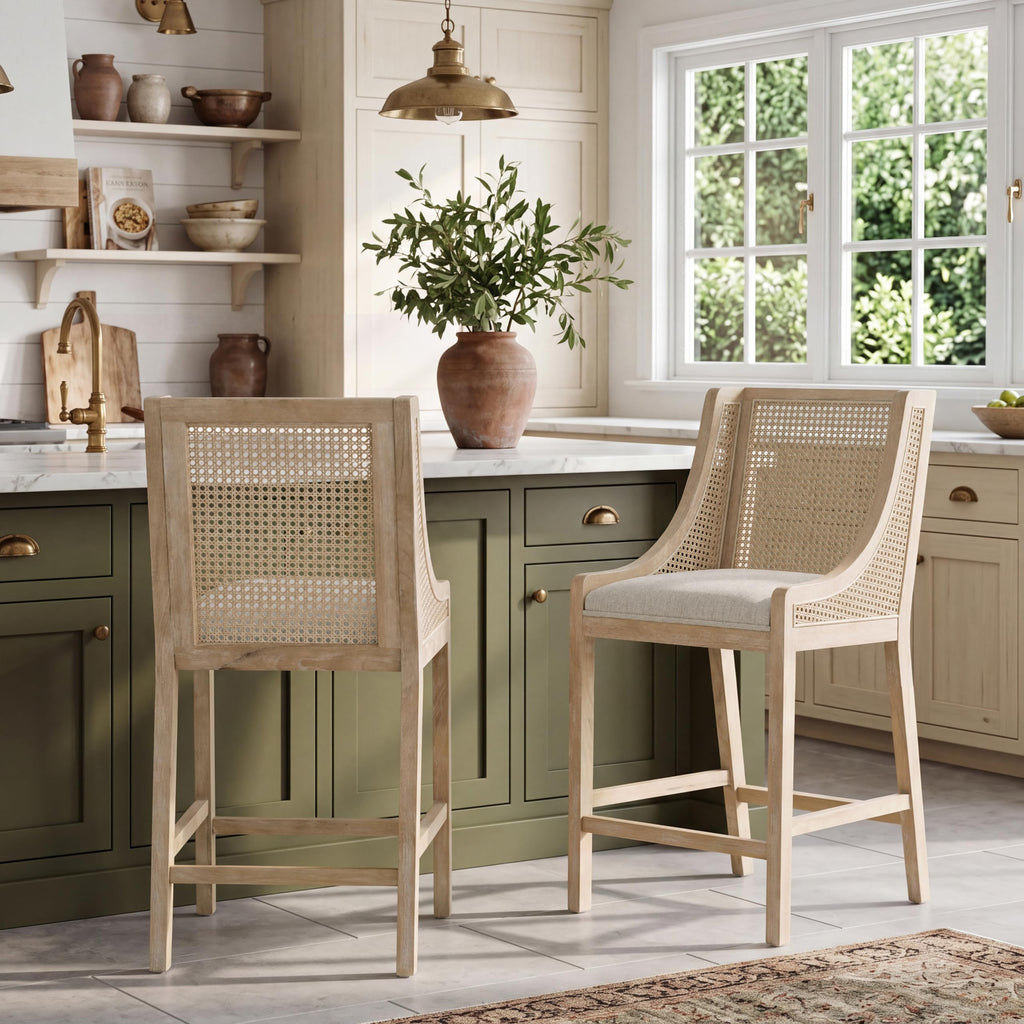 25.5" Fabric Upholstered Wood and Cane Counter Stools with Backrest, Set of 2, French Country Barstools