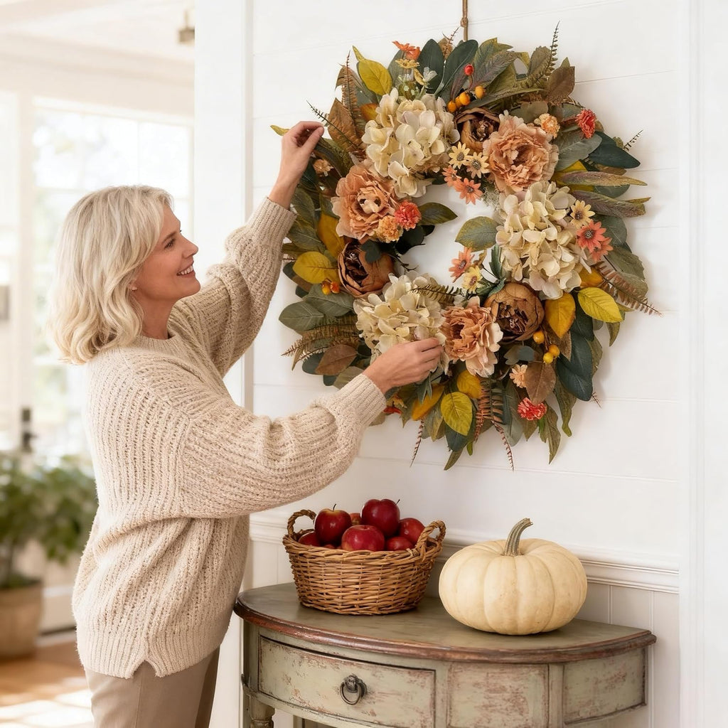 24 Inch Fall Hydrangea Peony Wreath for Front Door
