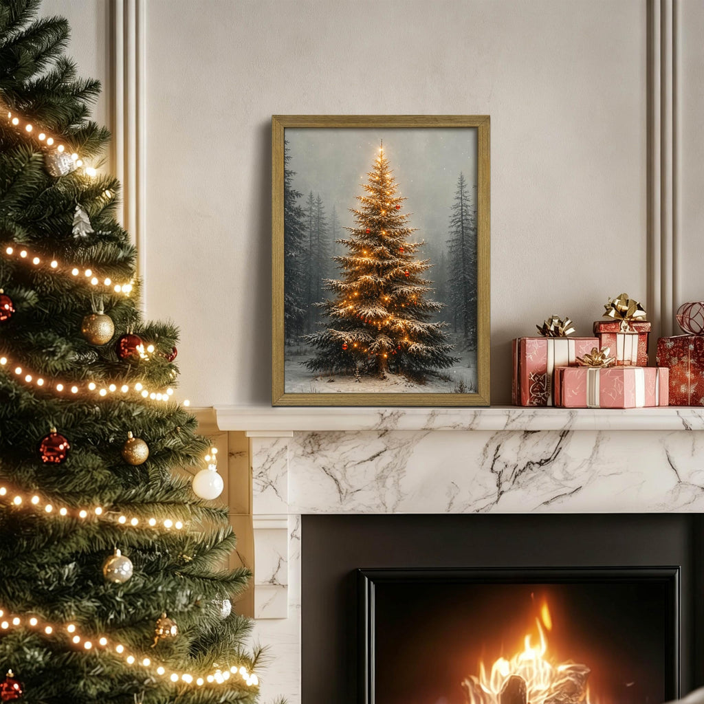 Vintage Christmas Tree Wall Art, Lighted Christmas Tree Canvas Prints, Pine Botanical Aesthetic Picture Poster