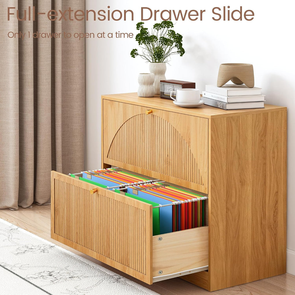 Fluted 2 Drawer Office Lateral File Cabinet | Mid-Century Modern, Hanging Rod, A4/Legal/Letter, Ultra-deep Drawers