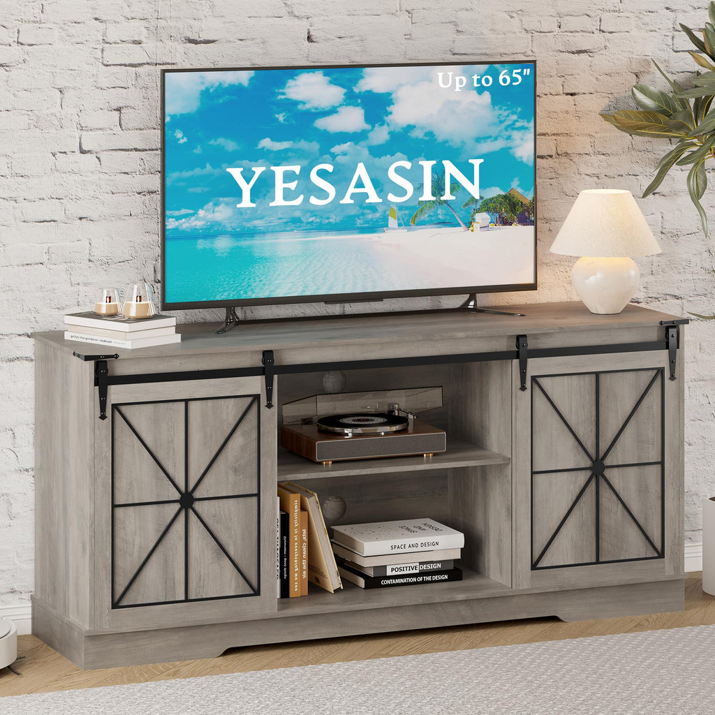 Farmhouse TV Stand for 65 Inch TV with Sliding Barn Doors Wood Gray