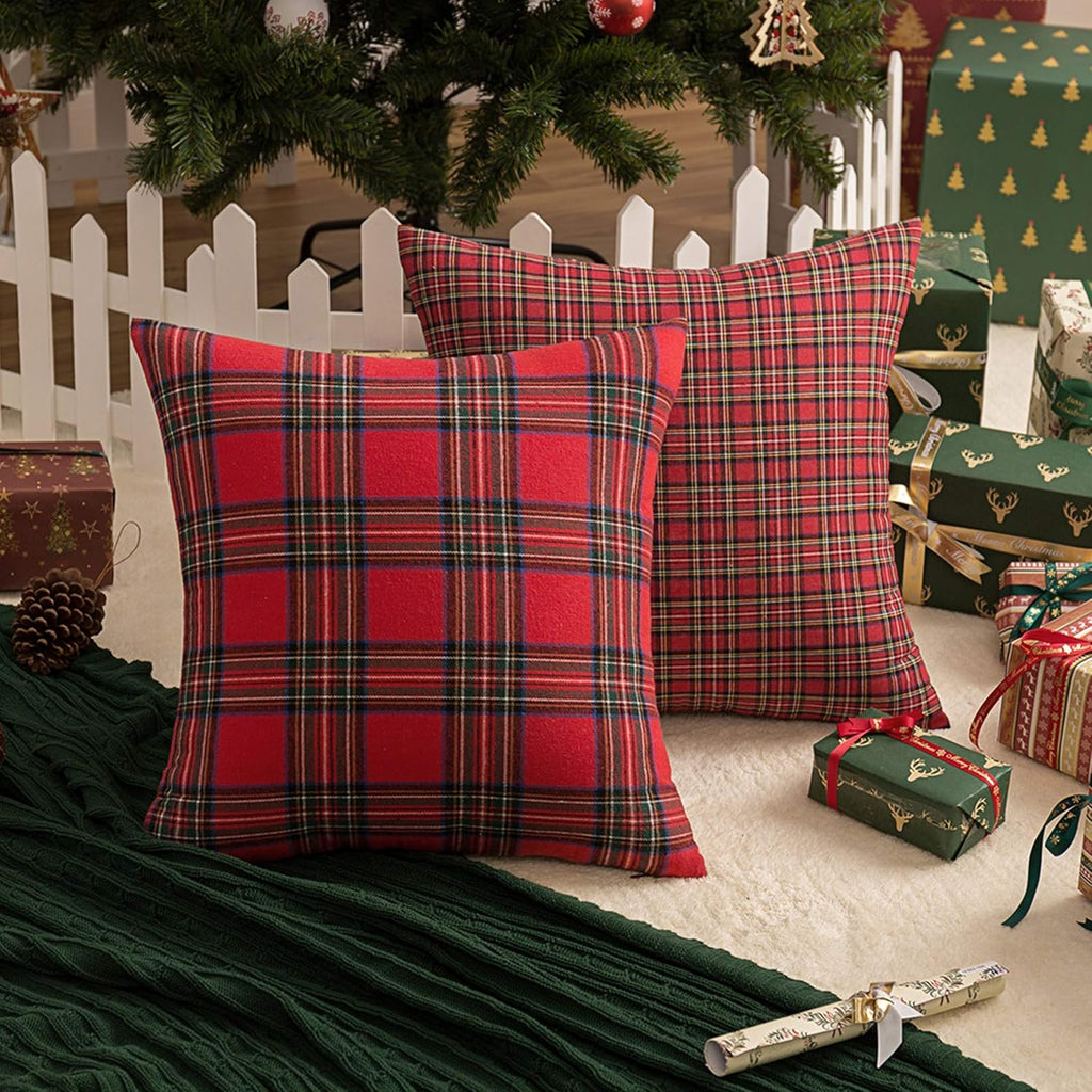 Christmas Plaid Decorative Throw Pillow Covers Red 20x20 Inches - Set of 2