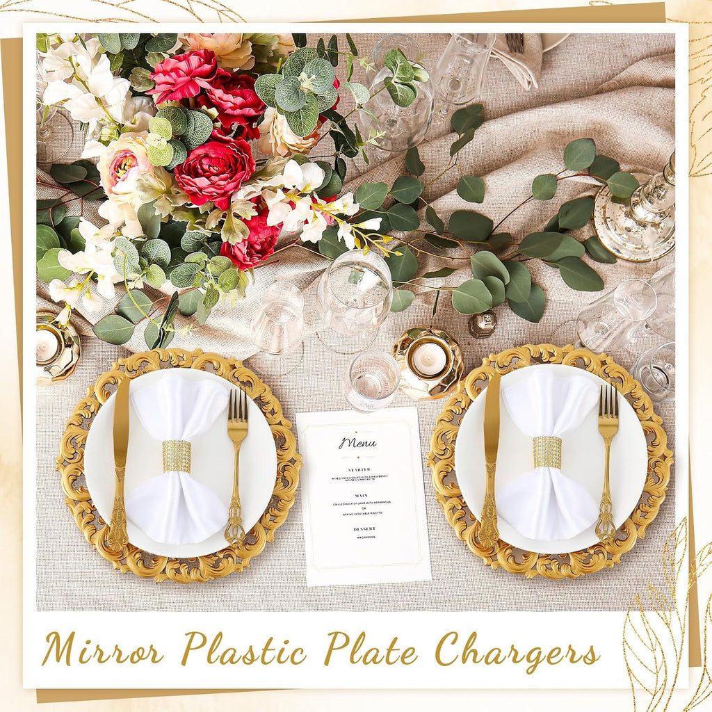 13" Mirror Charger Plate Baroque Dinner Charger, Gold - Set of 12