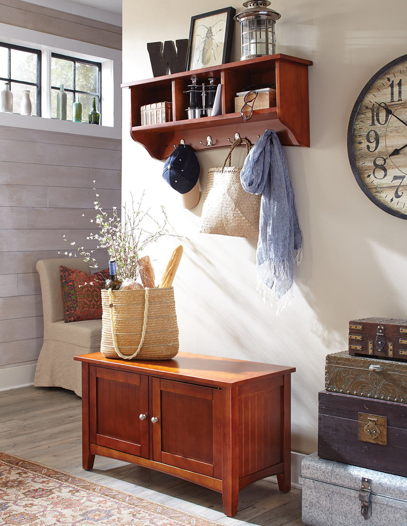 Shaker Cottage Cherry Storage Coat Hook and Bench Set, Entryway Organizer with French Cleat System, Dual Compartment