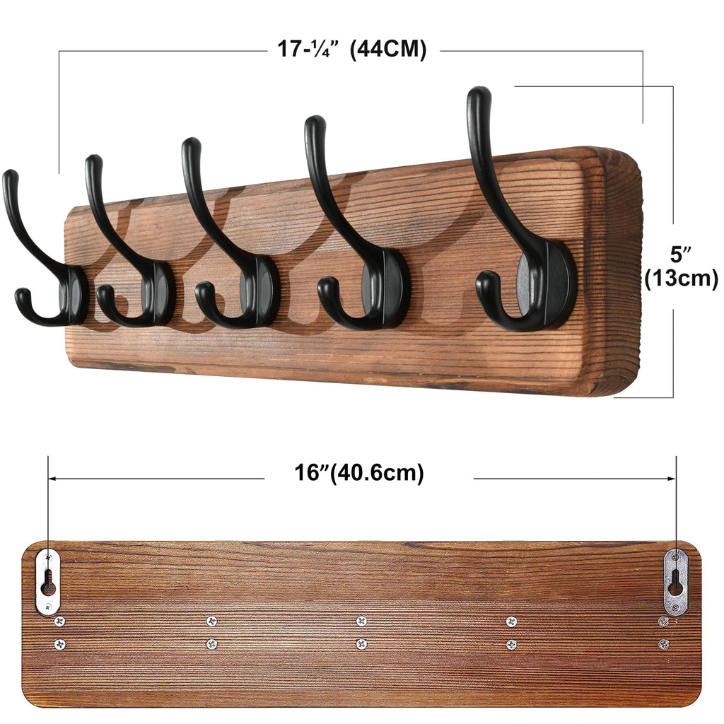 Rustic Coat Rack Wall Mount, 5 Hooks, 17 Inch, Solid Wood, Brown