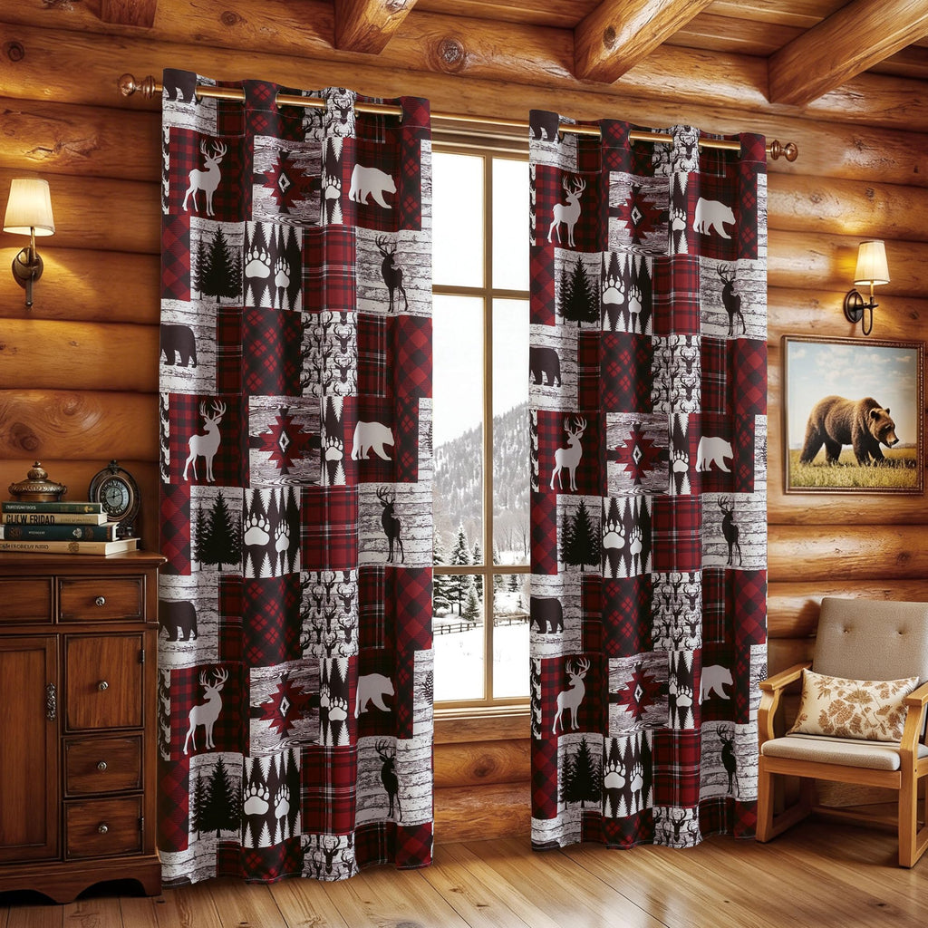 Red Rustic Christmas Curtains Bedroom, 52W x 84L, 2 Panels
