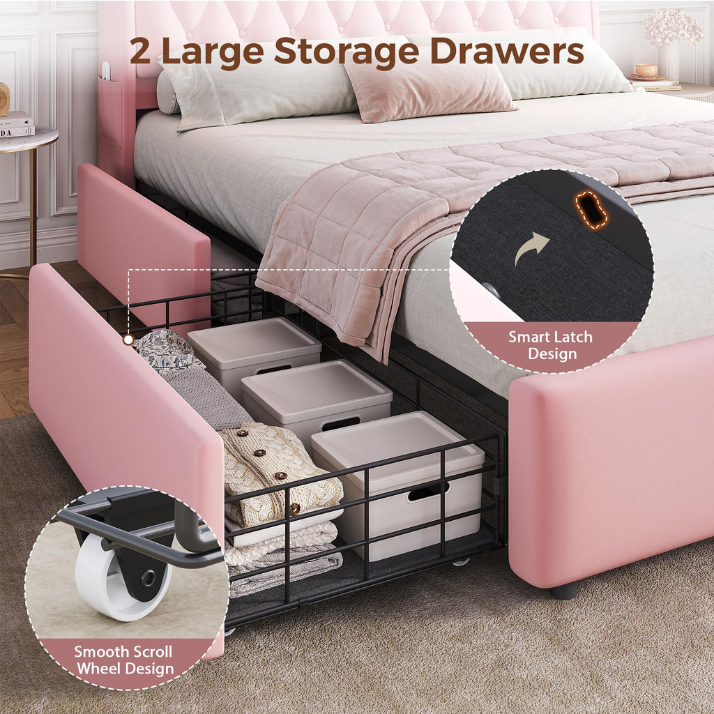 Full LED Velvet Bed Frame with 2 Storage Drawers&Hidden Headboard, Upholstered Platform Bed with Charging