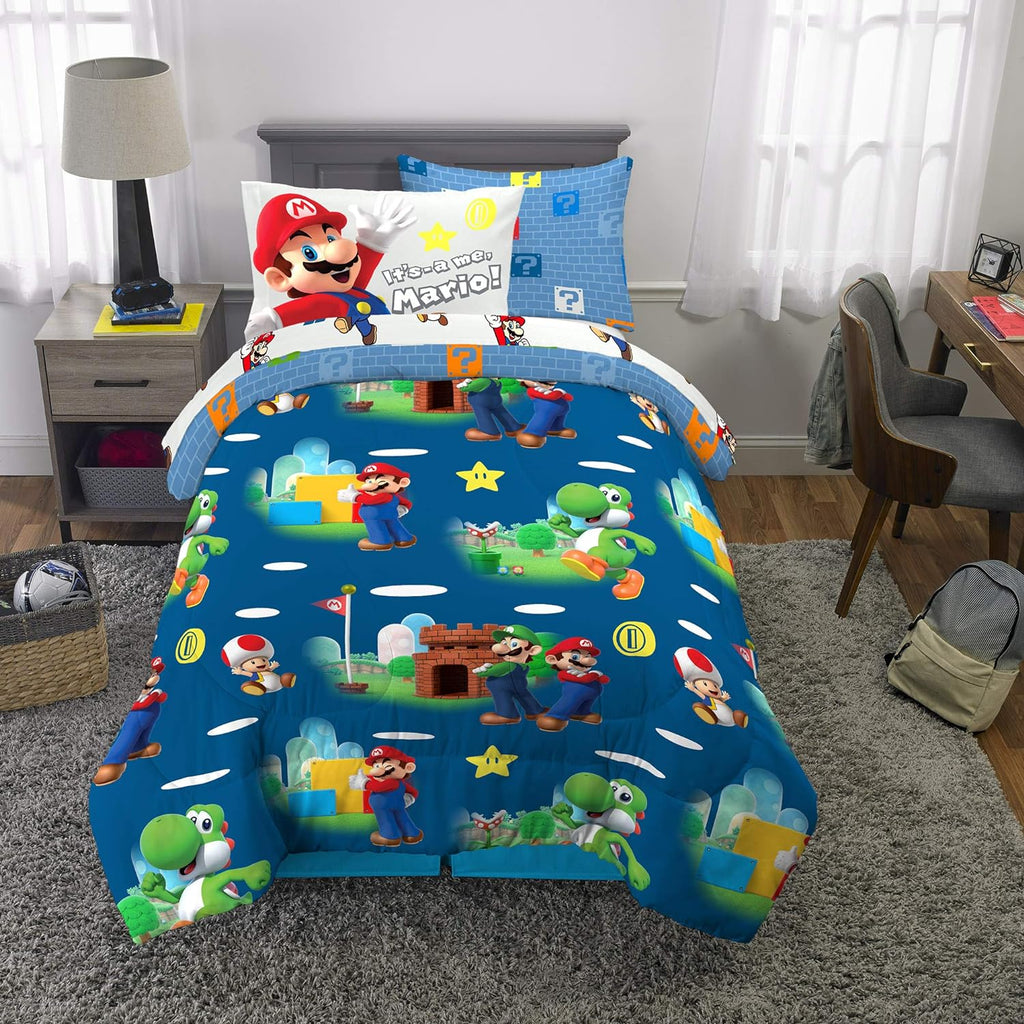 Super Mario Kids Bedding Set, Twin 5 Piece Comforter and Sheet Set with Sham, (Officially Licensed Product)