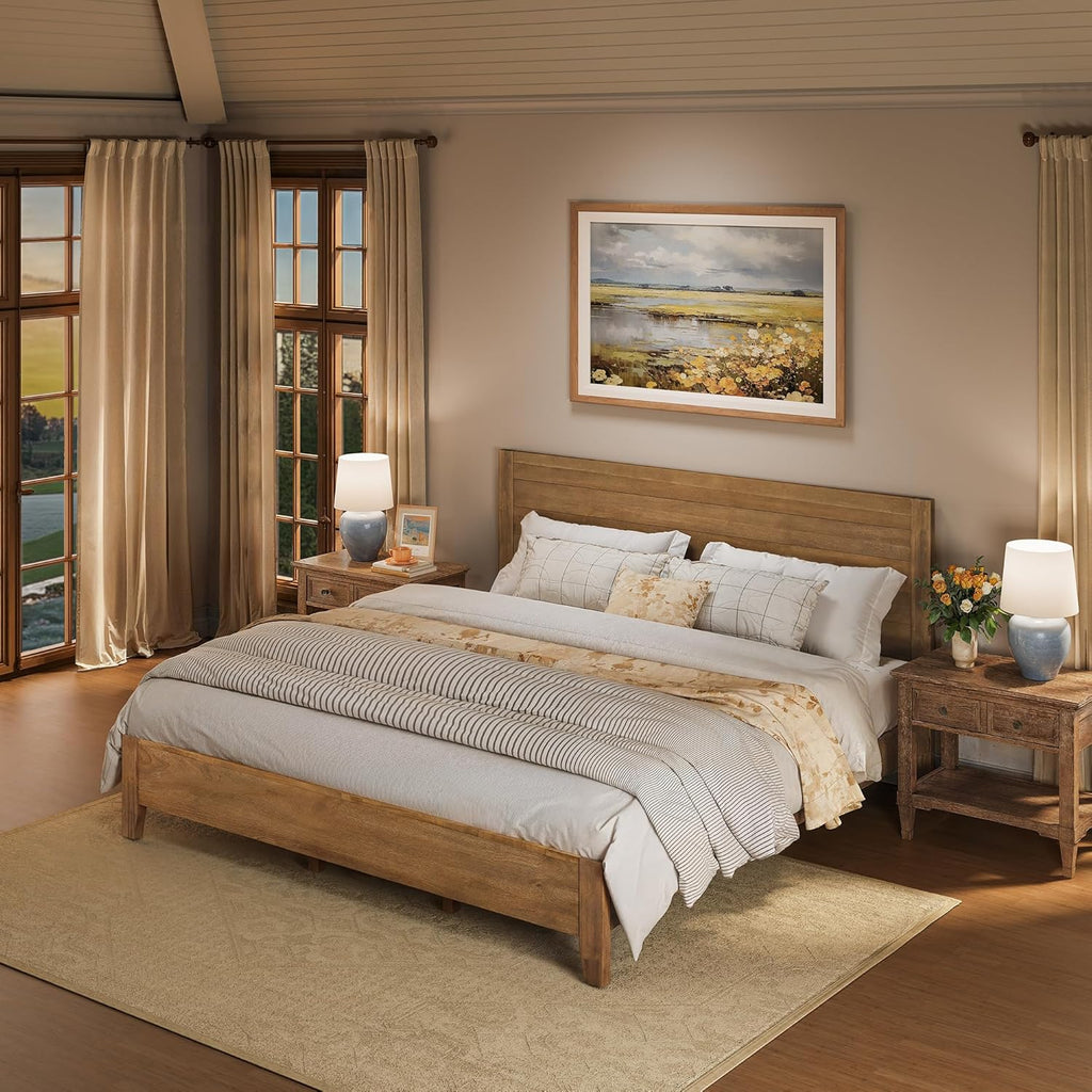 King Bed Frame and Headboard, 100% Solid Acacia Wood Platform, 800lb Heavy Duty Support with 10 Reinforced Legs