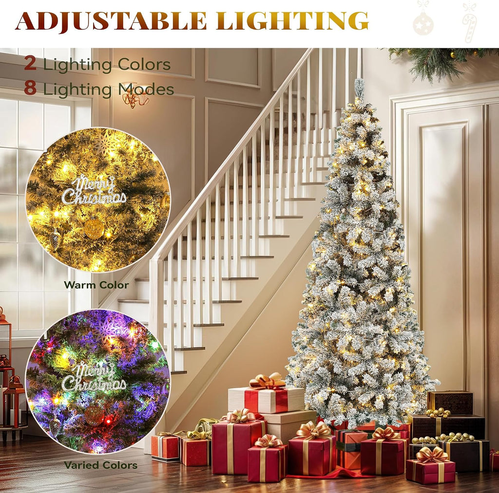 Snow Flocked Pencil Christmas Tree with Lights
